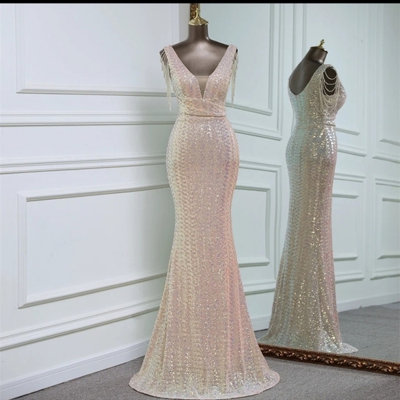 Pink, Sleeveless, Backless, V Neck, Beaded, Contrast Sequined and Mes… - Picture 9 of 12